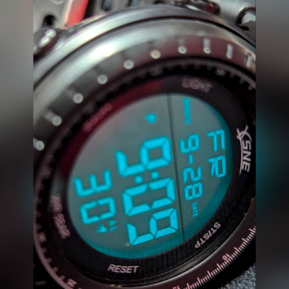 SNE Digital Day Date Timer Light Up Black Round Case Silicone Band Watch